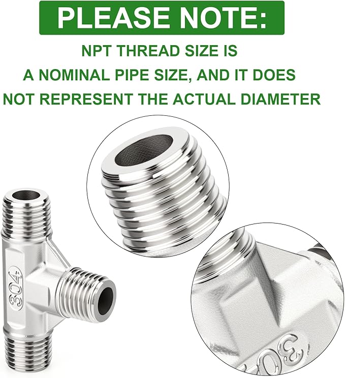 TAISHER 5PCS 304 Stainless Steel Tee Pipe Fittings, 1/4" x 1/4" x 1/4" NPT Male Pipe Fittings