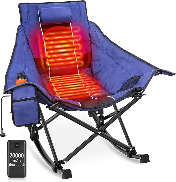 Suteck Heated Rocking Camping Chair, Oversized Heated Camping Chair W/20000mAh Power Bank & Carry Bag, Fully Padded Heated Chairs for Outdoor Sports W/3 Heat Levels for Back & Seat, Lawn Picnic Patio