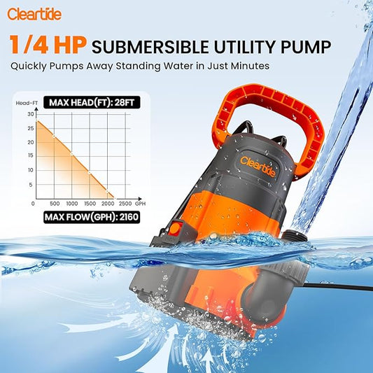 Cleartide Submersible Sump Pump, Smart Water Sensor Auto On/Off, Manual/Auto Mode, 1/4HP 2160GPH Multi-Use Utility Water Pump for Pool/Basement/Garden Drainage