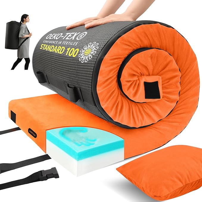 Memory Foam Camping Mattress pad, Comfortable Thick Floor Sleeping Mat for Adults with Waterproof and Non-Slip Bottom, Portable Roll Up Mattress for Sleepover Guest,Cot Mad for Car Camping
