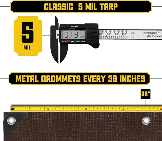 Core Tarps Classic 5 Mil Tarp Cover, Waterproof, UV Resistant, Rip and Tear Proof, Poly Tarpaulin with Reinforced Edges for Roof, Camping, Patio, Pool Cover, Boat (Brown/Black 20′ X 40′)