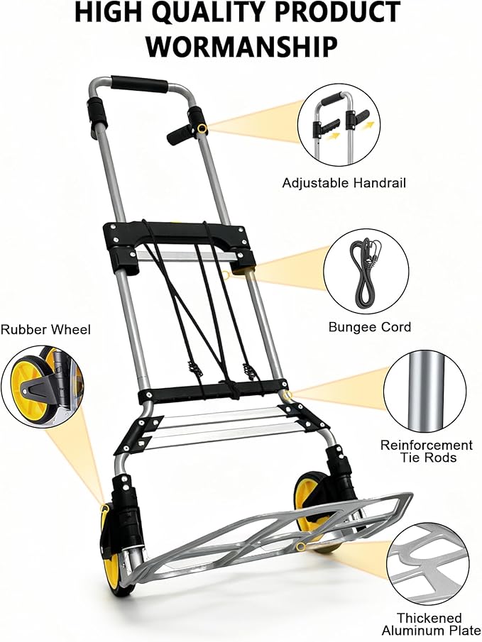 Folding Hand Truck Dolly Cart with Wheels 330 LBS Capacity Lightweight Aluminum Luggage Cart Trolly Collapsible Hand Trucks for Moving Travel Shopping Office and Home Use