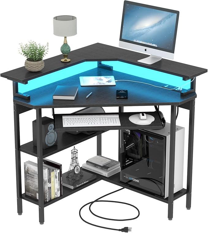 Auromie Corner Desk with Charging Station & LED Light, Triangle Corner Desk with Monitor Stand & Keyboard Tray for Small Space, Gaming Computer Desk with Storage Shelves for Home Office (Black)
