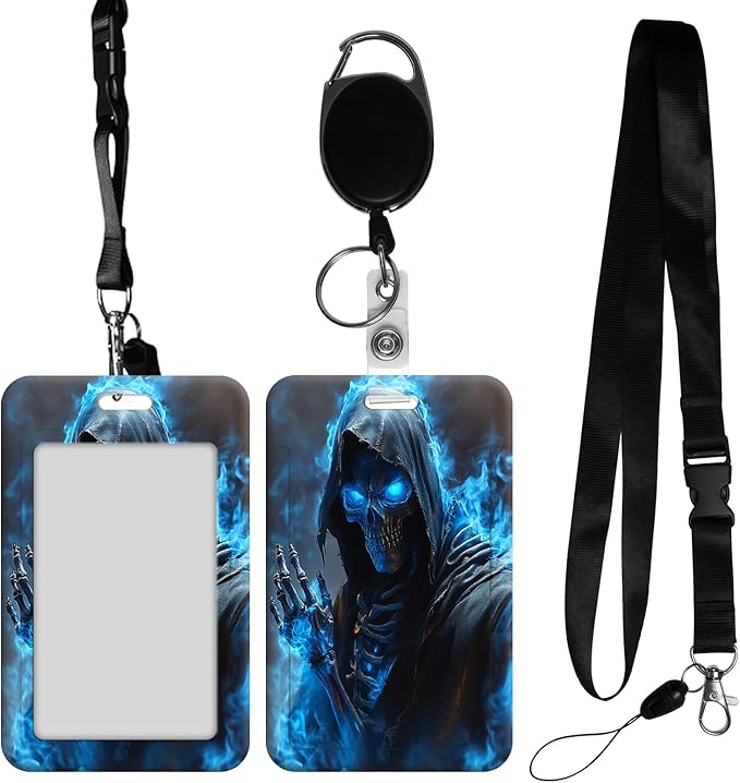 ID Badge Holder with Retractable Lanyard for Women & Men,Vertical ID Card Holder Wallet,Clear Window&Card Slot,Detachable Neck Strap for Nurse Teacher Office,Blue Reaper Skeleton