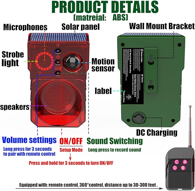 Solar Outdoor-Indoor Motion Sensor Alarm - Loud Noise Maker, Detector Strobe Lights with Alarm Sound and Barking and Gunshot Sound, Featuring Remote Control, Ideal for Homes, Cottages, and Farms.