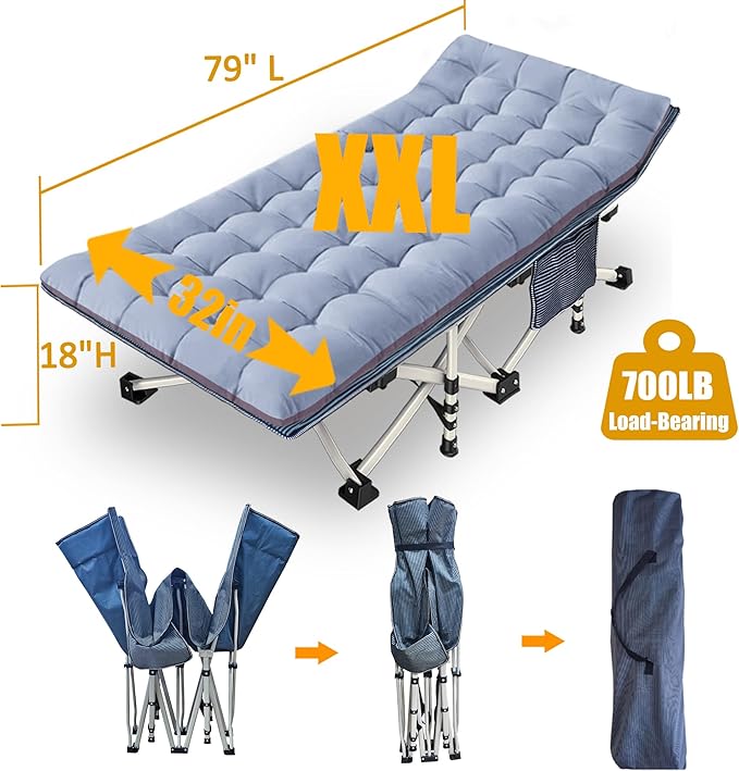 Oversize XXL Camping Cot with Comfortable Mattress for Adults Extra Wide Cots for Sleeping with Carry Bag Folding Cot Camping Bed 79" L x 32" W x 18" H Heavy Duty Indoor Outdoor