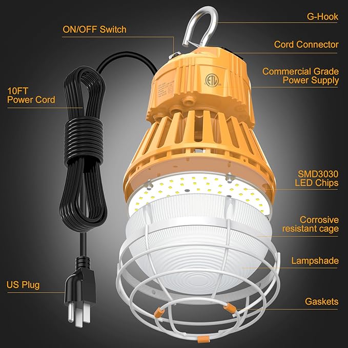 100W/80W/60W LED Temporary Construction Lights - Linkable Work Light Stainless Steel Protective Cage Jobsite Light for Repair Area Bench, Portable Hanging Work Construction Light Input 100~277VAC