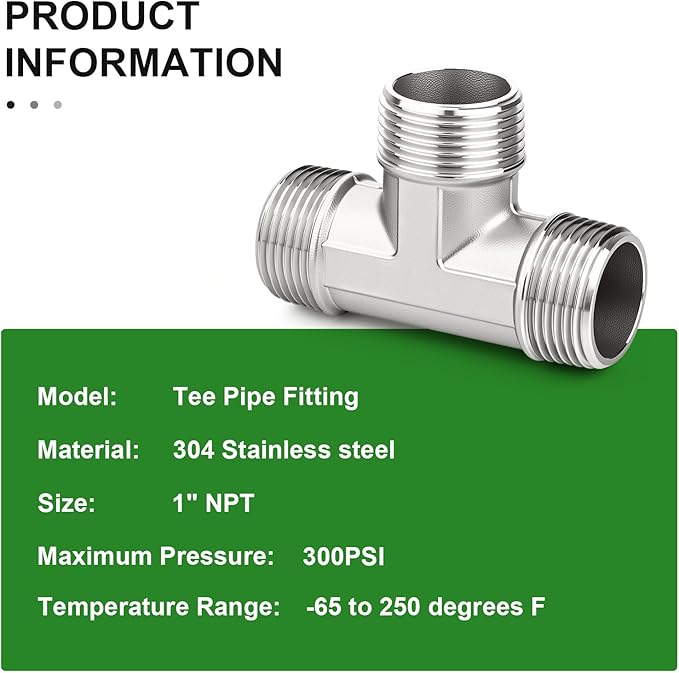 TAISHER 2PCS 304 Stainless Steel Tee Pipe Fittings, 1" x 1" x 1" NPT Male Pipe Fittings