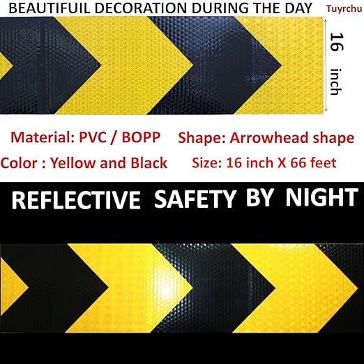 Reflective Tape Yellow Black 16 inch Wide, Outdoor Waterproof Hazard Conspicuity Warning Industrial Marking Tape (66 feet)