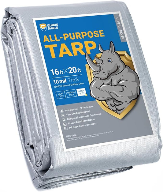 GUARD SHIELD Heavy Duty Tarp 16x20 Feet Silver Multi Purpose Thick Waterproof Poly Tarp Cover 10mil