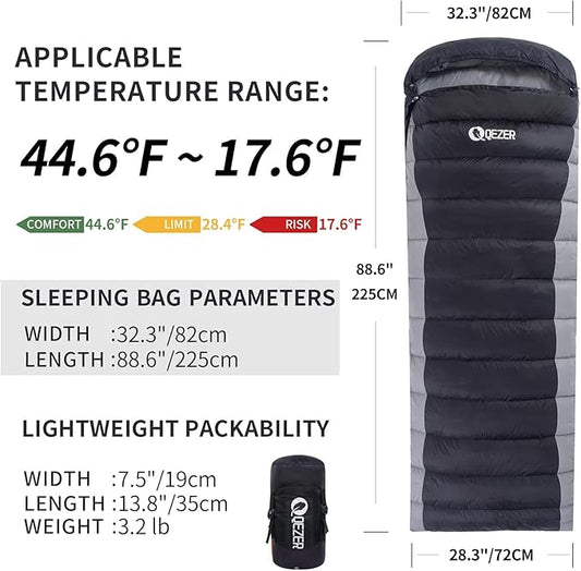 Ultralight Down Sleeping Bag for Adults - 600 Fill Power, Cold Weather, Backpacking, Camping, Hiking