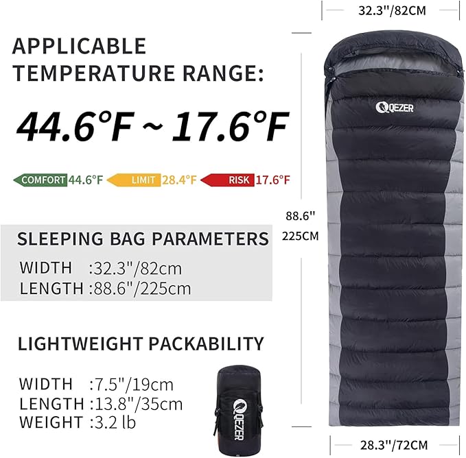 Ultralight Down Sleeping Bag for Adults - 600 Fill Power, Cold Weather, Backpacking, Camping, Hiking
