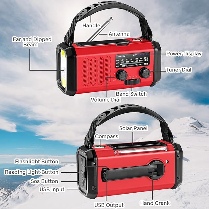 Emergency Crank Radio10000mAh/37000mWh AM/FM/NOAA Weather Radio , Solar/Hand Crank/USB Charging, LED Flashlight and Cell Phone Charger for Christmas gifts Outdoor, Camping & Home Emergencies