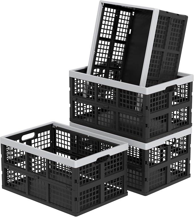 Plastic Collapsible Milk Crates, Collapsible Storage Bins, Foldable Baskets, 42 Liters, Pack of 4 in Black