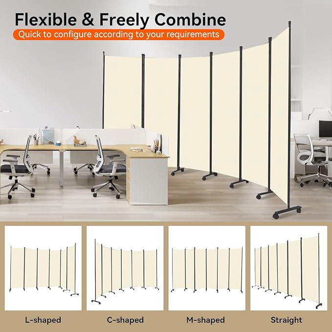 Room Divider 132''W Wall Divider for Room Partition (Heavy Duty Base) 6 Panel Partition Room Dividers, Freestanding Room Divider Screen Separation W/Wheel Folding Privacy Screen Panel Space Separator