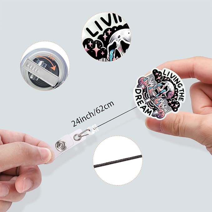 Inspirational Badge Clips Retractable, Funny Badge Reels with Alligator Clip, Glitter Weeping Skull Badge Holder for Rn Nurse Techer (Living The Dream)