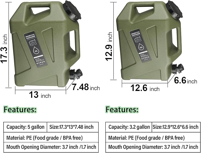 5 gallon Camping Water Container with Spigot, Portable BPA-Free Water Jug for Camping Hiking Emergency Stroage (Army Green, 5, Gallons)