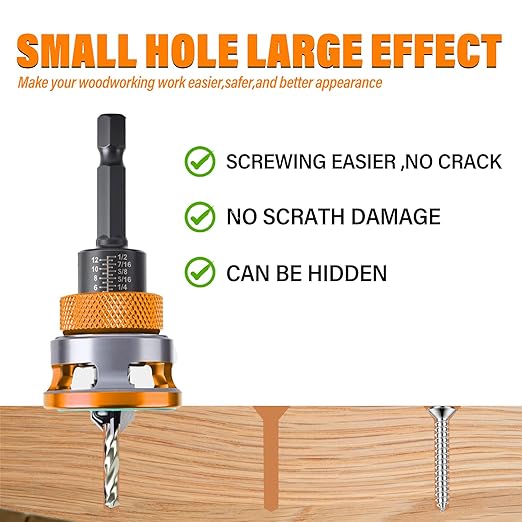 Countersink Drill Bit Set with Depth Stop 4PCS, HCS Four Blades Countersink Bits with Adjustable Depth Stop and L Shape Wrench, Wood Countersink Bit Set for Wood, Plastic, Woodworking