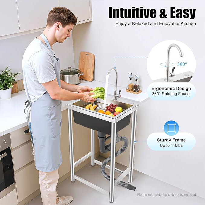 Utility Sink Free Standing Stainless Steel Single Bowl Kitchen Sink with 360° Rotatable Faucet and Strainer Basket Portable Sinks for Home Laundry Garage Commercial