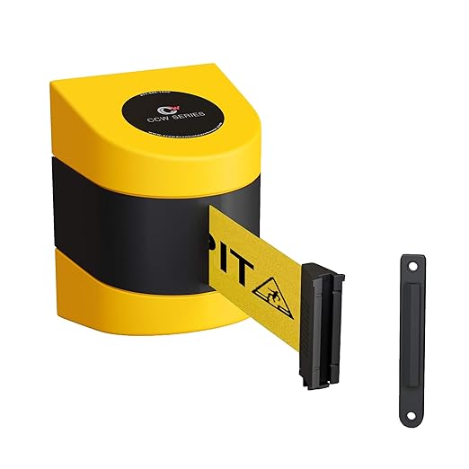 Crowd Control Warehouse - CCW Series WMB-220 Fixed Wall Mount Retractable Belt Barrier - 15 Foot, Yellow"Beware Open Pit" Black Letters Belt with Yellow ABS Case