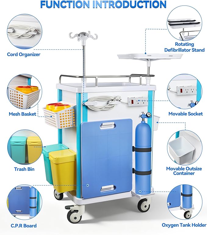 Medical Rolling Storage Crash Cart with Wheels & Drawers, Hospital Mobile Ultrasound cart with 5 Drawers & Power Strip,IV Pole,Needle Disposal,O2 Holder,Nursing Emergency Cart for Hospital, Clinic