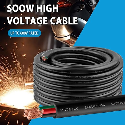 100ft 10/4 10 AWG Portable Power Cable (4 Conductor) - SOOW 600V 10 Gauge Electric Wire for Motor Leads, Portable Lights, Battery Chargers and Machinery - 4 Conductor - 100 Feet Electrical Cord