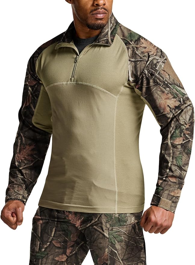CQR Men's Combat Shirt Tactical 1/4 Zip Long Sleeve Military BDU Shirts Camo EDC Top with Pockets