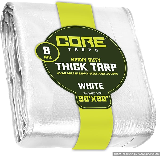 Core Tarps Heavy Duty 8 Mil Tarp Cover, Waterproof, UV Resistant, Rip and Tear Proof, Poly Tarpaulin with Reinforced Edges for Roof, Camping, Patio, Pool, Boat. (White 50′ X 50′)