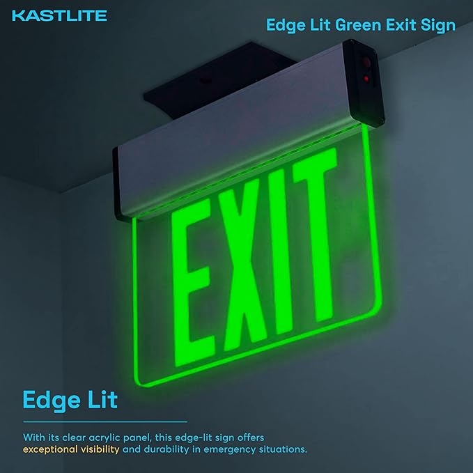 KastLite LED Emergency Edge-Lit Exit Sign, 180 Min Backup, Damp Rated, Green Letters, UL Listed, 120/277V, Acrylic Panel - 1 Pack
