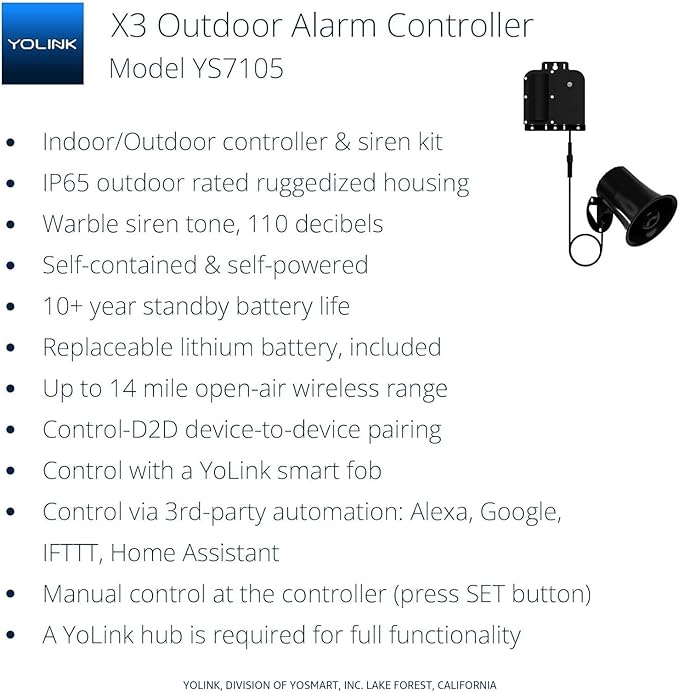 YoLink X3 Version Outdoor Alarm Controller, Ruggedized Battery-Powered Siren/Alarm/Relay Controller, Up to 1/4 Mile Open-Air Range, 110dB Siren, Alexa Assistant, Google, IFTTT, Hub Included