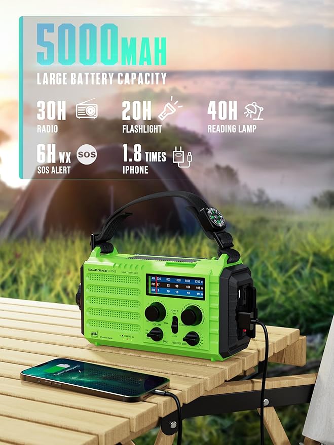 Emergency Radio, 5000 Hand Crank Solar NOAA Weather Radio, AM/FM Portable Battery Operated Radio with 5-Way Power, Phone Charger, Flashlight & Lamp, Compass, Earbud Jack, SOS Alert for Home, Survival