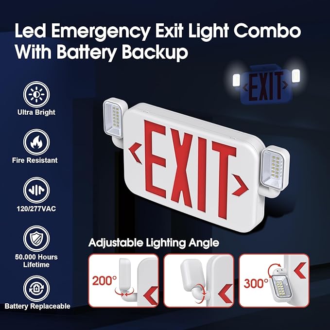 Led Combo Emergency Exit Sign Light with Two Adjustable Head Lights and Backup Battery Exit Light,US Standard Red Letter Commercial Emergency Exit Lighting,UL 924,AC120/277V (6Pack)