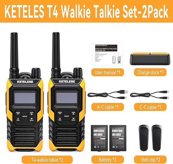 KETELESE T4 Heavy Duty Walkie Talkies, IP67 Waterproof FRS 2 Way Radio Long Range, USB-C Rechargable, with Earpiece, VOX, NOAA, Weather Alert, Dual PTT, One-Key Group Call, Dock, 2 Pack