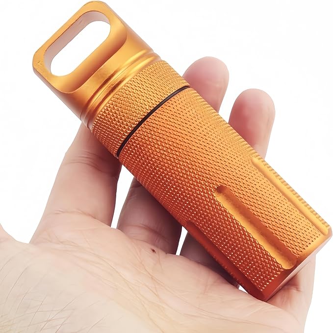 Large Waterproof Survival Container Sealed Storage Box Medicine Bottle Aluminum Alloy Crush-Resistant Airtight Portable for Camping Hiking Emergency Kits (Orange)