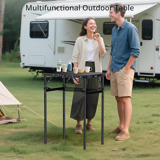 Anbte 2ft Folding Camping Table Max 29.5", 3 Adjustable Height Aluminum Small Folding Table with Storage Net & Portable Handle, Lightweight, for Travel Outdoor Beach Picnic Camp, 23.2" x 16", Black