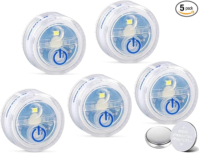 LUXPRO Waterproof Micro LED Puck Lights - 5 Pack Tap Lights Battery Powered - Adhesive Lighting Ideal for Under Cabinets, in Tackle Boxes, or on Bookcases