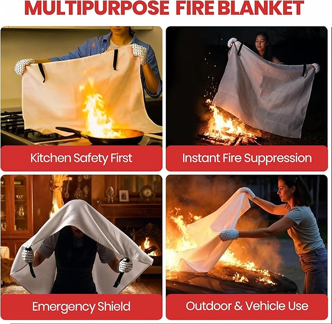 Emergency Fire Blanket 40x40 Inch - 6 Pack Fiberglass Fireblanket with Hook & Gloves | Fire Safety Blanket for Kitchen, Home, Garage, Camping