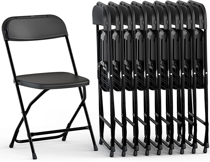 10 Pack Foldable Plastic Chair | Folding & Stackable | 350 lbs Capacity Steel Frame Seats for Indoor Outdoor | Commercial Use Events Wedding Party Bulk Picnic Kitchen Dining - Black