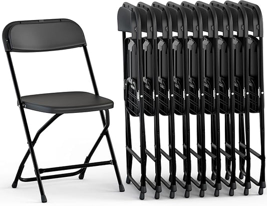 10 Pack Foldable Plastic Chair | Folding & Stackable | 350 lbs Capacity Steel Frame Seats for Indoor Outdoor | Commercial Use Events Wedding Party Bulk Picnic Kitchen Dining - Black