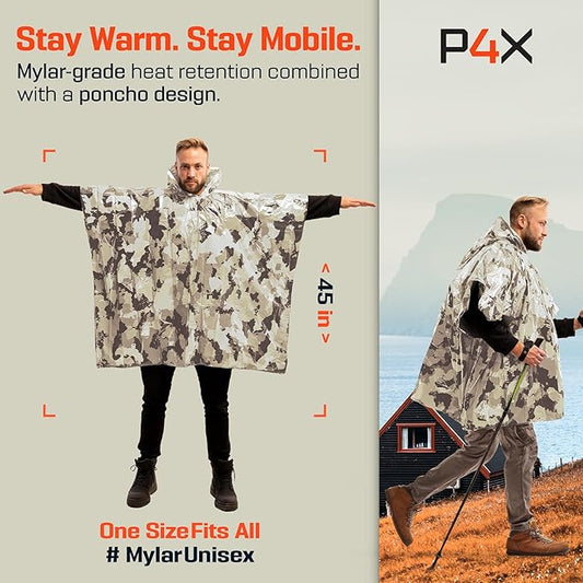 PREPARED4X Emergency Poncho and Mylar Blanket Liner - Waterproof, Wind-Resistant Outdoor Rain Poncho for Camping, Emergencies