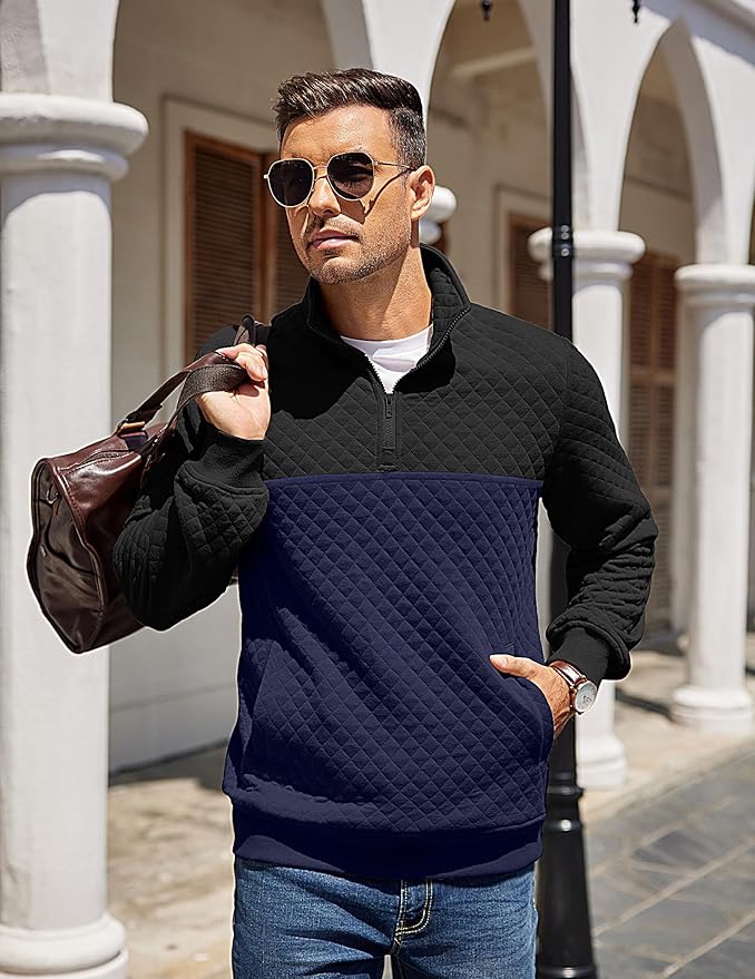 COOFANDY Mens Quarter Zip Pullover Quilted Sweatshirt Knit Long Sleeve Mock Neck Sweater Polo with Pocket