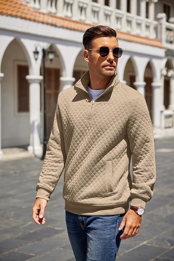 COOFANDY Mens Quarter Zip Pullover Quilted Sweatshirt Knit Long Sleeve Mock Neck Sweater Polo with Pocket