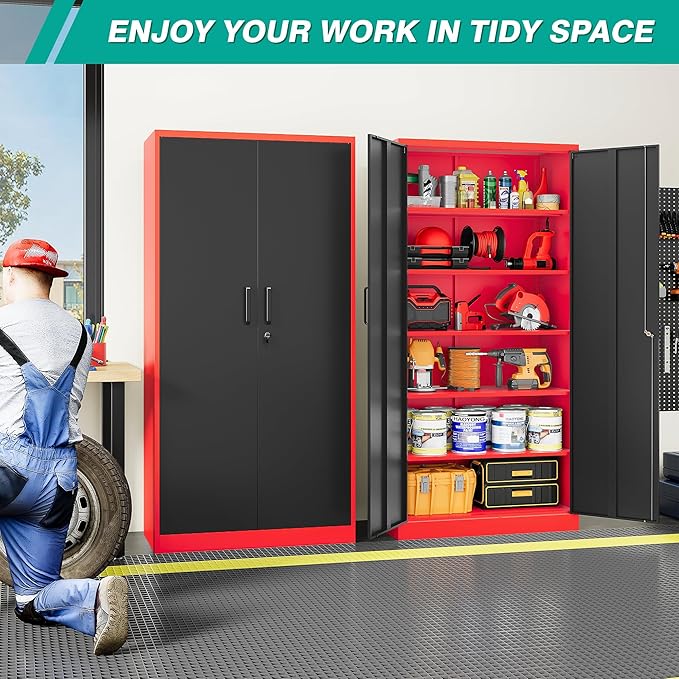 SISESOL Wide & Deep Metal Storage Cabinet with 6 Shelves,72" Tall Red Garage Storage Cabinet with Lock,Metal Cabinets with Locking Doors,Lockable Steel Cabinets for Home,Office,Shop,Garage,72x36x18