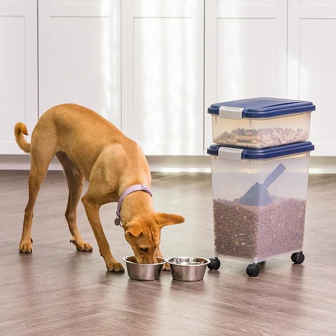 IRIS USA 2-Piece 41 Lbs / 45 Qt WeatherPro Airtight Pet Food Storage Container Combo and Treat Box for Dog Cat and Bird Food, Stackable, Keep Fresh, Translucent Body, Easy Mobility, Navy