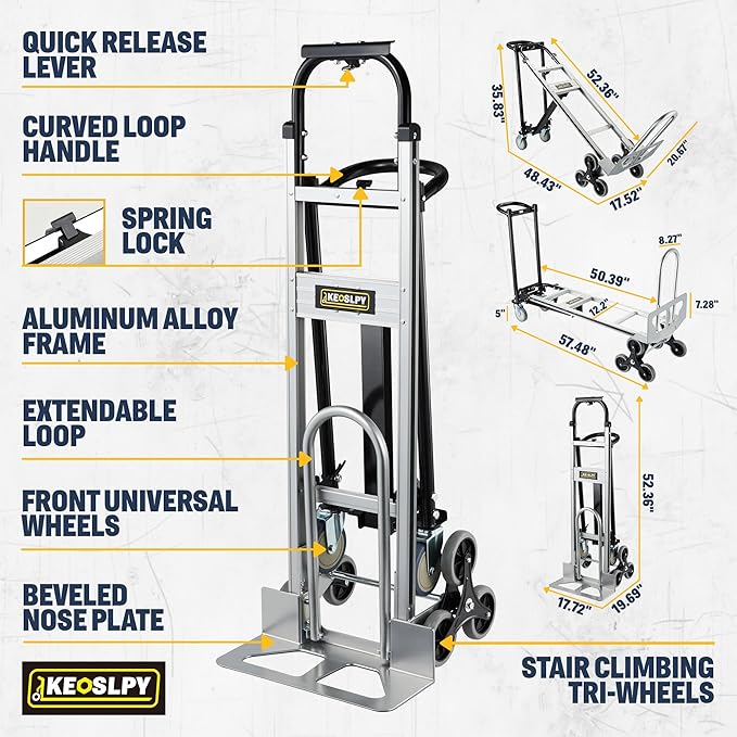 3 in 1 Convertible Hand Truck 1000 LBS Capacity, Industrial Heavy Duty Hand Truck Dolly Cart, Aluminum Stair Climbing Utility Trolley Platform Cart with Wheels for Transport & Moving