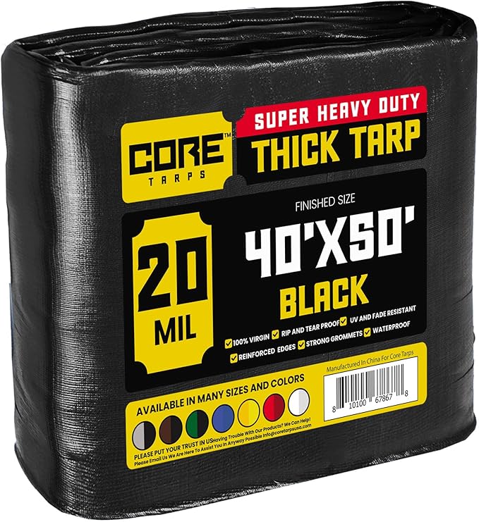 Core Tarps Extreme Heavy Duty 20 Mil Tarp Cover, Waterproof, UV Resistant, Rip and Tear Proof, Poly Tarpaulin with Reinforced Edges for Roof, Camping, Patio, Pool, Boat (Black 40′ X 50′)