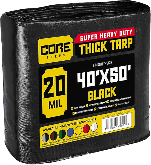 Core Tarps Extreme Heavy Duty 20 Mil Tarp Cover, Waterproof, UV Resistant, Rip and Tear Proof, Poly Tarpaulin with Reinforced Edges for Roof, Camping, Patio, Pool, Boat (Black 40′ X 50′)
