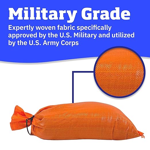DURASACK Heavy Duty Sand Bags with Tie Strings Empty Woven Polypropylene Sand-Bags for Flood Control with 1600 Hours of UV Protection, 50 lbs Capacity, 14x26 inches, Orange, Pack of 50