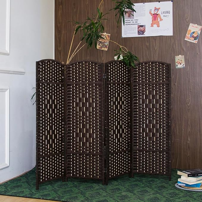 4 Panel Rattan Divider Short Room Partition Screen,Double Sided Folding Divider for Room Separation,Dark Brown,47.2" H x 63" W