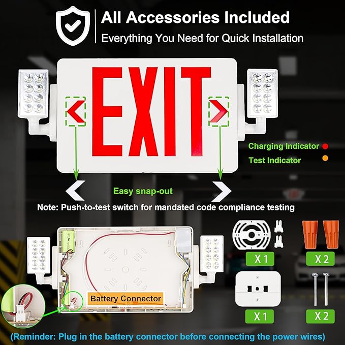 Gruenlich LED Combo Exit Sign, Emergency Light with 2 Adjustable Heads and Double Face, Back Up Batteries- US Standard Red Letter EXIT, UL 924 Qualified, 120-277 Voltage, 6-Pack